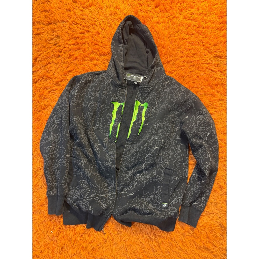 Monster Energy One Industries Topographic Zip Up Hoodie Mens Large Black Green